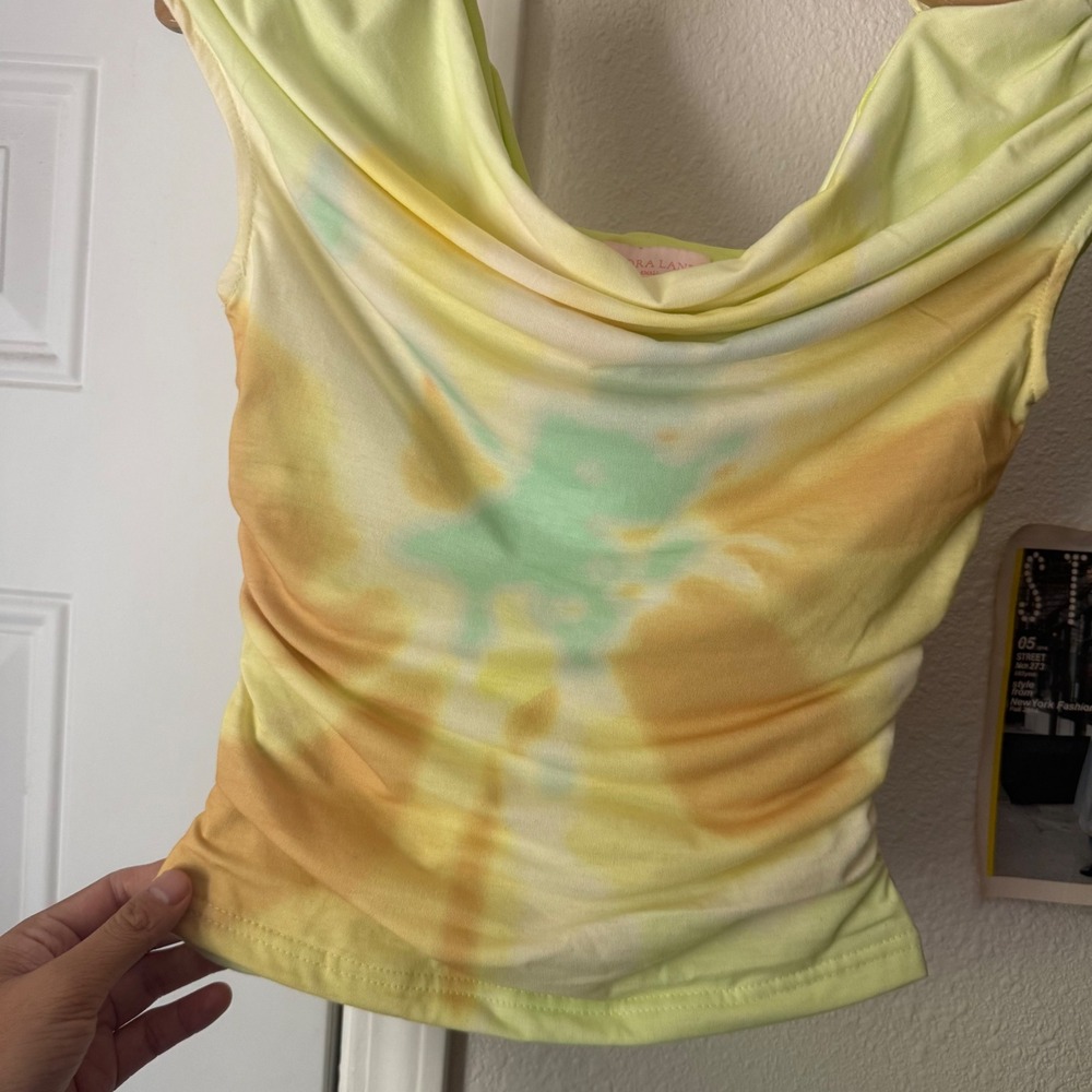 VIORA LANE lime neon green cotton tie dye ruched off shoulder cropped top - Picture 2 of 6